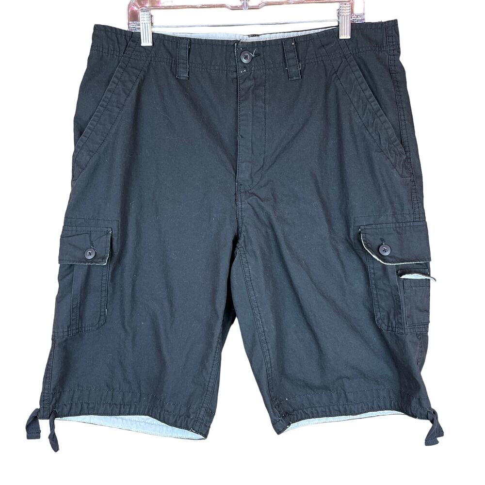 WeArFirst Mens Shorts Black Cargo Flat Front Drawstring 100% Cotton 36